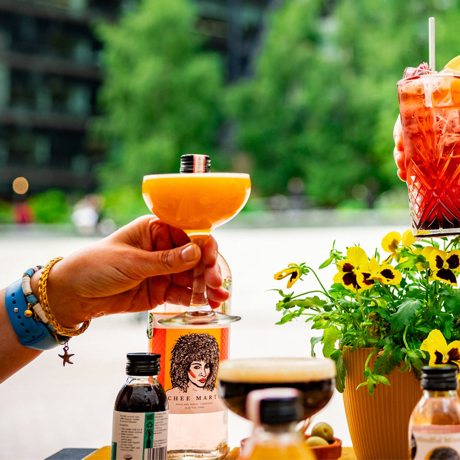 Someone is toasting with a glass of Passion Fruit Martini. They seem to be in a park, sitting at a high table (perhaps in a bar). On the table are lots of Mindful Mixology cocktails in bottles, a bright yellow plant and someone is toasting out of site with a raspberry collins.